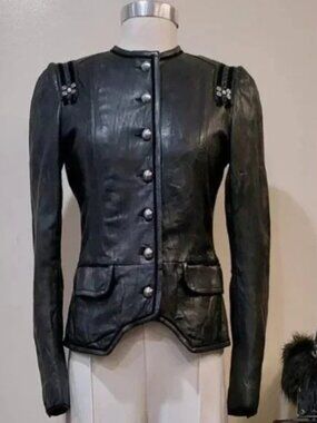 💥KILLER DESIGN💥Vintage 100% Genuine Leather Military Peplum Jacket in Black